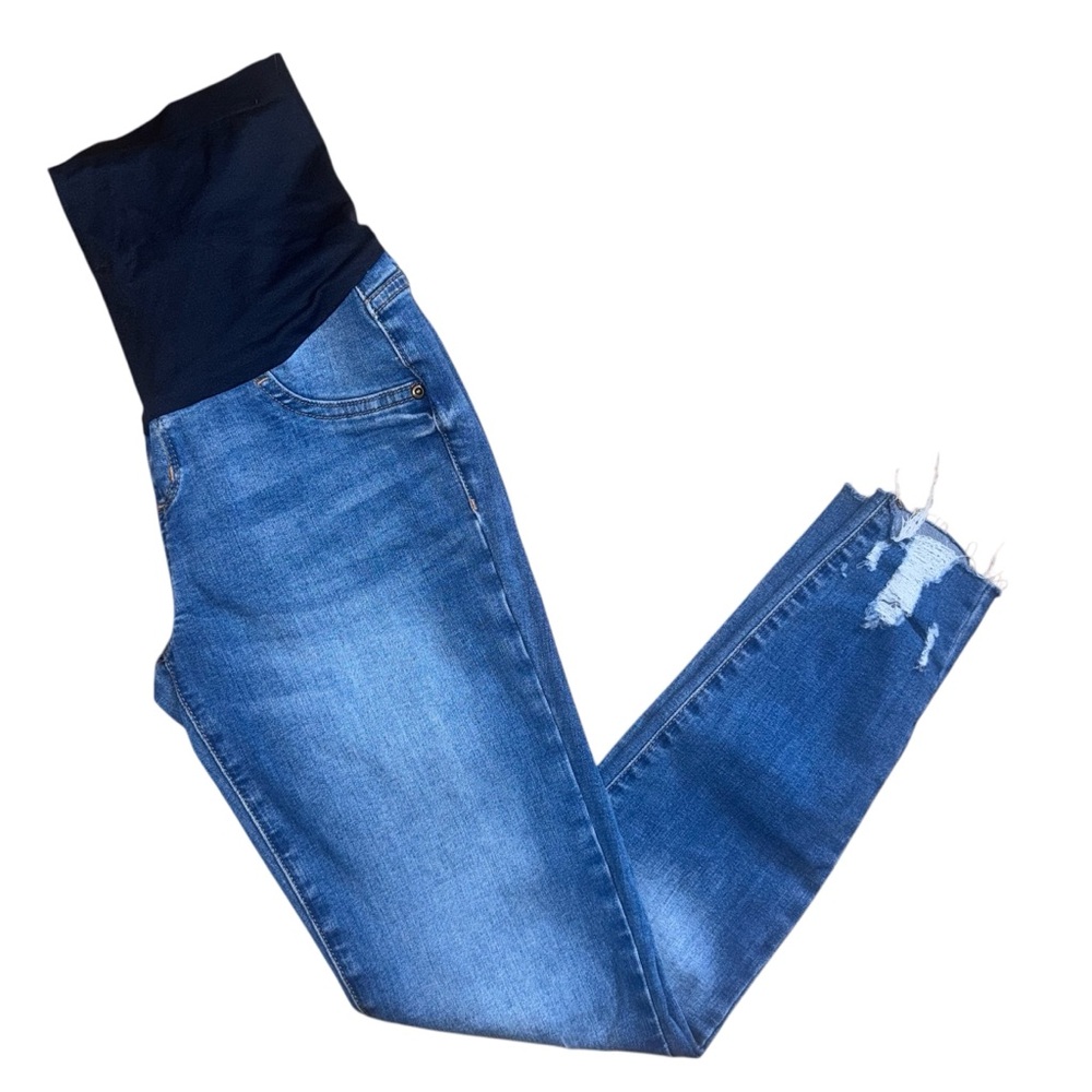 Sanoma Maternity Elastic Belly Distressed Blue Jeans Ram Hem Jegging - 6